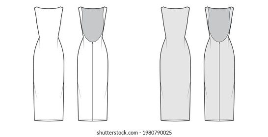 Dress Backless Technical Fashion Illustration With Fitted Body, Floor Maxi Length Pencil Skirt, Boat Neckline. Flat Evening Apparel Front, Back, White, Grey Color Style. Women, Men Unisex CAD Mockup