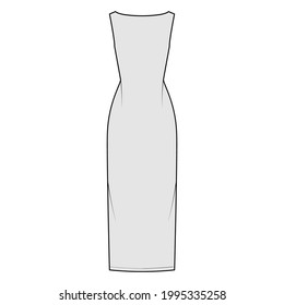 Dress backless technical fashion illustration with fitted body, floor maxi length pencil skirt, boat neckline. Flat evening apparel front, grey color style. Women, men unisex CAD mockup