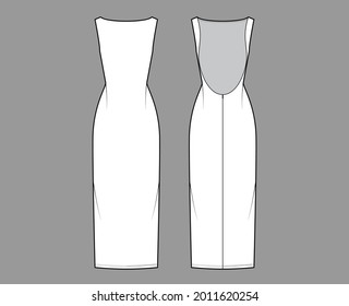 Dress backless technical fashion illustration with fitted body, floor maxi length pencil skirt, boat neckline. Flat evening apparel front, back, white color style. Women, men unisex CAD mockup