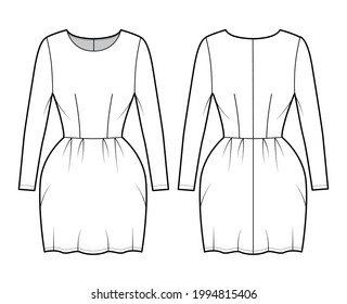 Dress bell technical fashion illustration with long sleeves, fitted body, mini length pencil skirt. Flat apparel front, back, white color style. Women, men unisex CAD mockup