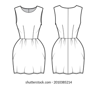 Dress bell technical fashion illustration with sleeveless, fitted body, mini length pencil skirt. Flat apparel front, back, white color style. Women, men unisex CAD mockup