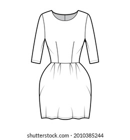 Dress bell technical fashion illustration with elbow sleeves, fitted body, mini length pencil skirt. Flat apparel front, white color style. Women, men unisex CAD mockup