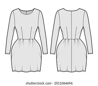Dress bell technical fashion illustration with long sleeves, fitted body, mini length pencil skirt. Flat apparel front, back, grey color style. Women, men unisex CAD mockup
