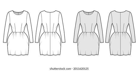 Dress bell technical fashion illustration with long sleeves, fitted body, mini length pencil skirt. Flat apparel front, back, white, grey color style. Women, men unisex CAD mockup