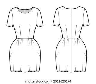 Dress bell technical fashion illustration with short sleeves, fitted body, mini length pencil skirt. Flat apparel front, back, white color style. Women, men unisex CAD mockup