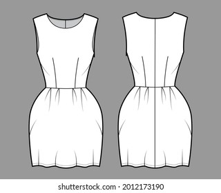 Dress bell technical fashion illustration with sleeveless, fitted body, mini length pencil skirt. Flat apparel front, back, white color style. Women, men unisex CAD mockup