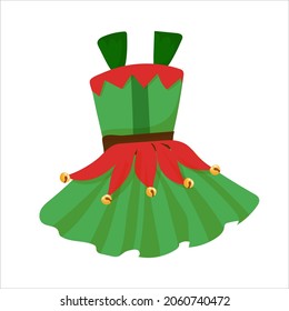 Dress with bells. Santa's helper elf clothes. Bright costume. Christmas decor in cartoon style. Vector illustration isolated on white background.