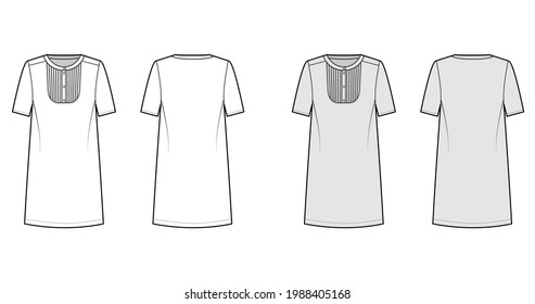 Dress bib pintucked technical fashion illustration with henley neckline, short sleeve, oversized body, knee length pencil skirt. Flat apparel front, back, white, grey color. Women, men unisex mockup