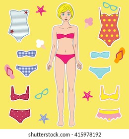 Dress up blond paper doll on the beach, body template. Swimsuits, bikini and underwear fashion. Bright cute summer style. Vector illustration.