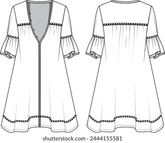 Women’s  Dress, Body Fit, Front and Back View Vector Fashion Illustration , CAD, Technical Drawing, Flat Drawing.