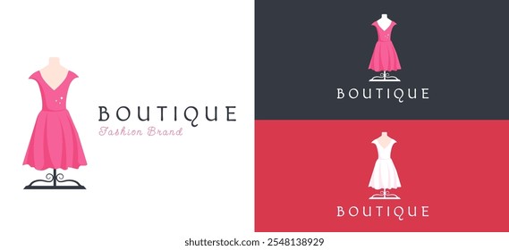 Kleid und Boutique Logo Design Inspiration. Minimalistisches Modesymbol für Frauenbekleidung, Kleidung, Mode und Lifestyle Business Markenidentität. Drees Symbol Symbol, Vektorgrafik.