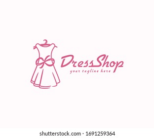 Dress with bow logo design. Fashion boutique shop vector design. Women clothes logotype