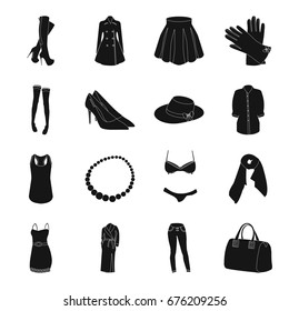 Dress, bra, shoes, women's clothing. Women's clothing set collection icons in black style vector symbol stock illustration web.