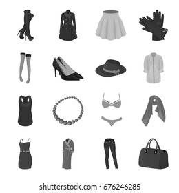 Dress, bra, shoes, women's clothing. Women's clothing set collection icons in monochrome style vector symbol stock illustration web.