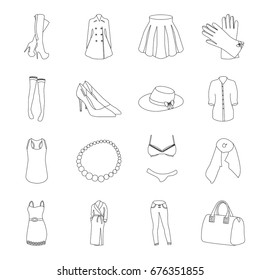 Dress, bra, shoes, women's clothing. Women's clothing set collection icons in line style vector symbol stock illustration web.