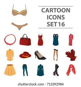 Dress, bra, shoes, women's clothing. Women's clothing set collection icons in cartoon style vector symbol stock illustration web.
