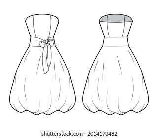 Dress bubble technical fashion illustration with strapless, bow, sleeveless, fitted body, knee length skirt. Flat apparel front, back, white color style. Women, men unisex CAD mockup