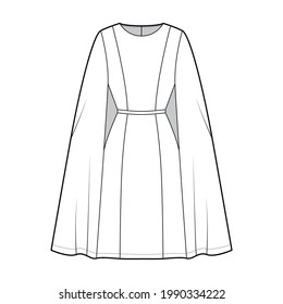 La capa de vestir química la ilustración técnica de la moda con cuerpo acoplado, falda de lápiz de longitud de rodilla. Delantera de ropa plana, de color blanco. Mujeres, hombres unisex CAD mockup