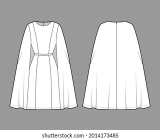 Dress cape chemise technical fashion illustration with fitted body, knee length pencil skirt. Flat apparel front, back, white color style. Women, men unisex CAD mockup