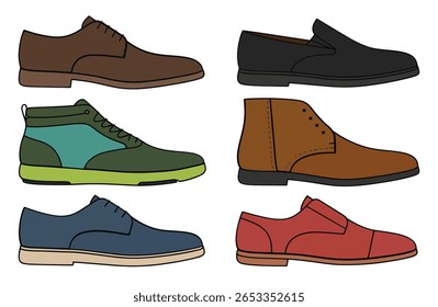 Vestido masculino e Casual Shoe Vetor Set - Ícones de calçado colorido para moda e design de vestuário