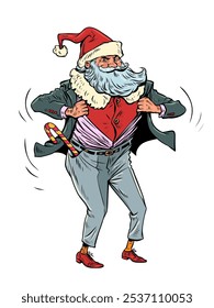 Vístete como un personaje. Santa Claus se quita el disfraz. La temporada de rebajas y promociones de invierno está llegando. Pop Arte Retro Ilustración vectorial Kitsch Antiguas 50s 60s Estilo. Sobre un fondo blanco