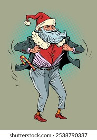 Dress up as a character. Santa Claus takes off his disguise. The season of winter sales and promotions is coming. Pop Art Retro Vector Illustration Kitsch Vintage 50s 60s Style