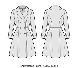 Dress coat trench technical fashion illustration with double breasted, long sleeve, fitted body, knee length semi-circular skirt. Flat apparel front, back, grey color style. Women, men unisex mockup