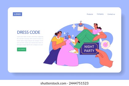 Dress Code Selection web or landing. Friends gather to pick the perfect party attire, a mix of style and comfort for a night out. Sartorial choices under the stars. Flat vector illustration