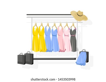 Dress collection vector flat style. colorful classic women dresses on rack illustration