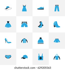 Dress Colorful Icons Set. Collection Of Sneakers, Trousers, Underwear And Other Elements. Also Includes Symbols Such As Skirt, Beanie, Boots.