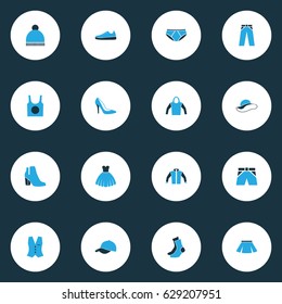 Dress Colorful Icons Set. Collection Of Elegant Headgear, Sneakers, Beanie And Other Elements. Also Includes Symbols Such As Pants, Heels, Skirt.