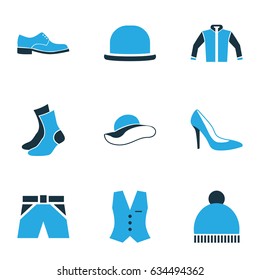 Dress Colorful Icons Set. Collection Of Socks, Elegant Headgear, Shorts And Other Elements. Also Includes Symbols Such As Shorts, Waistcoat, Jacket.