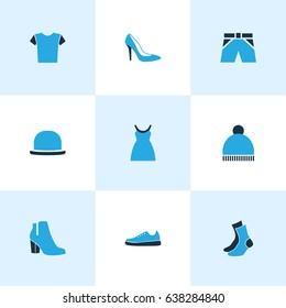 Dress Colorful Icons Set. Collection Of Panama, Sneakers, Female Boots And Other Elements. Also Includes Symbols Such As Fedora, Sox, Socks.