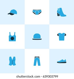 Dress Colorful Icons Set. Collection Of Female Boots, Cap, T-Shirt And Other Elements. Also Includes Symbols Such As Woman, Sneakers, Shirt.