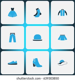 Dress Colorful Icons Set. Collection Of Jacket, Skirt, Socks And Other Elements. Also Includes Symbols Such As Gumshoes, Heels, Gown.