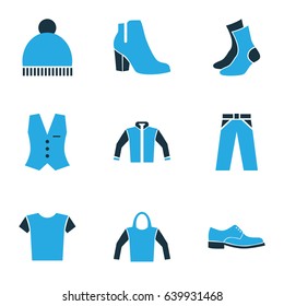 Dress Colorful Icons Set. Collection Of Vest, Sweatshirt, T-Shirt And Other Elements. Also Includes Symbols Such As Outfit, Beanie, Vest.