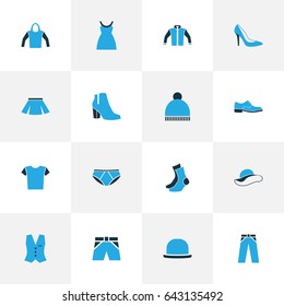 Dress Colorful Icons Set. Collection Of T-Shirt, Socks, Female Boots And Other Elements. Also Includes Symbols Such As Ski, Pompom, Blouse.