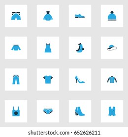 Dress Colorful Icons Set. Collection Of Man Footwear, Elegant Headgear, Beanie And Other Elements. Also Includes Symbols Such As Shirt, Half-Hose, Beanie.