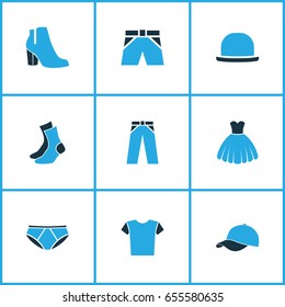 Dress Colorful Icons Set. Collection Of Trousers, Female Boots, Panama And Other Elements. Also Includes Symbols Such As Shirt, Panties, Half-Hose.