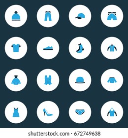Dress Colorful Icons Set. Collection Of Skirt, Panties, Dress And Other Elements. Also Includes Symbols Such As Gown, Feminine, Fedora.