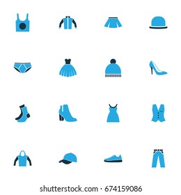 Dress Colorful Icons Set. Collection Of Evening Gown, Vest, Underwear And Other Elements. Also Includes Symbols Such As Girl, Panama, Vest.