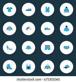 Dress Colorful Icons Set. Collection Of Man Footwear, Skirt, Vest And Other Elements. Also Includes Symbols Such As Shoe, Sneakers, Girl.