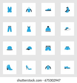 Dress Colorful Icons Set. Collection Of Sweatshirt, Socks, Jacket And Other Elements. Also Includes Symbols Such As Sweatshirt, Wear, Sneakers.