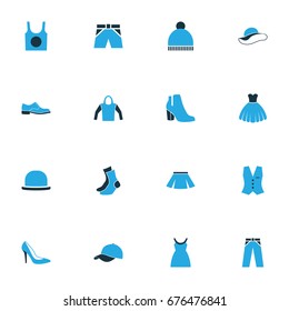 Dress Colorful Icons Set. Collection Of Heels, Elegant Headgear, Shorts And Other Elements. Also Includes Symbols Such As Wear, Hoodie, Briefs.