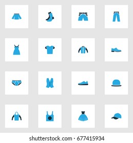 Dress Colorful Icons Set. Collection Of Vest, Jacket, Sneakers And Other Elements. Also Includes Symbols Such As Shirt, Half-Hose, Gumshoes.