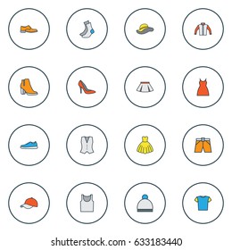 Dress Colorful Outline Icons Set. Collection Of Cap, Underwear, Female Boots And Other Elements. Also Includes Symbols Such As Ski, Sox, Shoe.