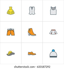 Dress Colorful Outline Icons Set. Collection Of Shorts, Evening Gown, Vest And Other Elements. Also Includes Symbols Such As Underwear, Woman, Boots.