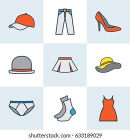Dress Colorful Outline Icons Set. Collection Of Cap, Dress, Panties And Other Elements. Also Includes Symbols Such As Cap, Headgear, Skirt.