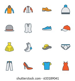Dress Colorful Outline Icons Set. Collection Of Heels, Jacket, Trousers And Other Elements. Also Includes Symbols Such As Gown, Waistcoat, Panties.