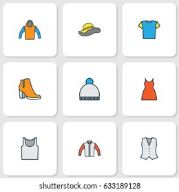 Dress Colorful Outline Icons Set. Collection Of Vest, Underwear, Sweatshirt And Other Elements. Also Includes Symbols Such As Windbreaker, Pompom, Panama.